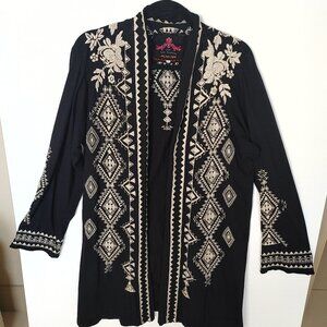 JOHNNY WAS Tulia Black Embroidered Duster Cardigan Lightweight Size XL